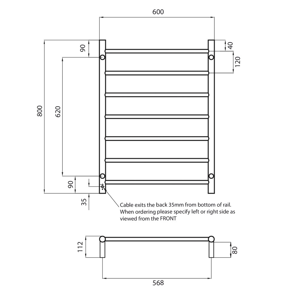 Radiant Heated Towel Rail (RTR01) 600mm x 800mm - 7 Round Bars - Multiple Colour Finishes