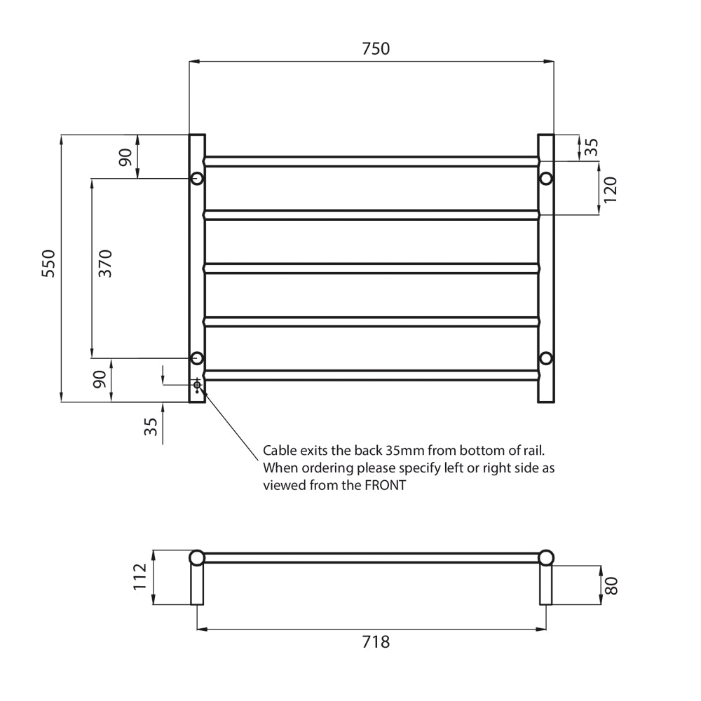 Radiant LOW Voltage Heated Towel Rail (12V-RTR03) 750mm x 550mm - 5 Round Bars - Mirror Polished