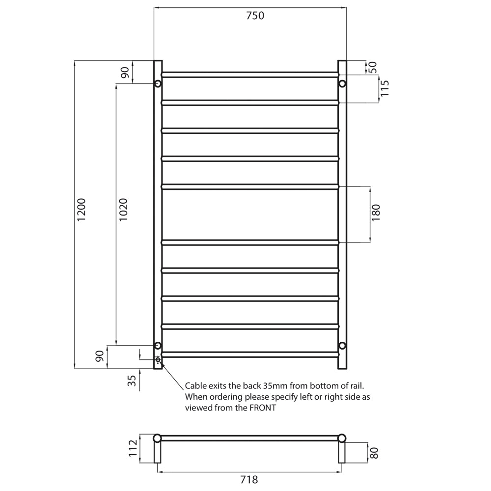 Radiant Heated Towel Rail (RTR04) 750mm x 1200mm - 10 Round Bars - Multiple Colour Finishes