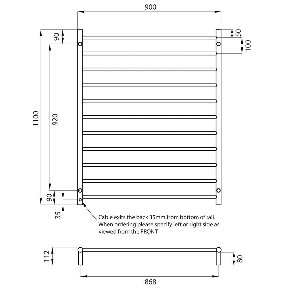 Radiant Heated Towel Rail (RTR05) 900mm x 1100mm - 11 Round Bars - Mirror Polished