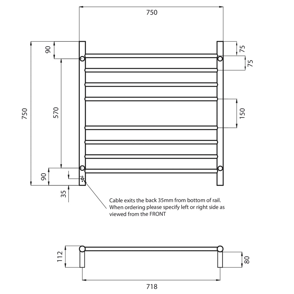 Radiant Heated Towel Rail (RTR06) 750mm x 750mm - 8 Round Bars - Multiple Colour Finishes