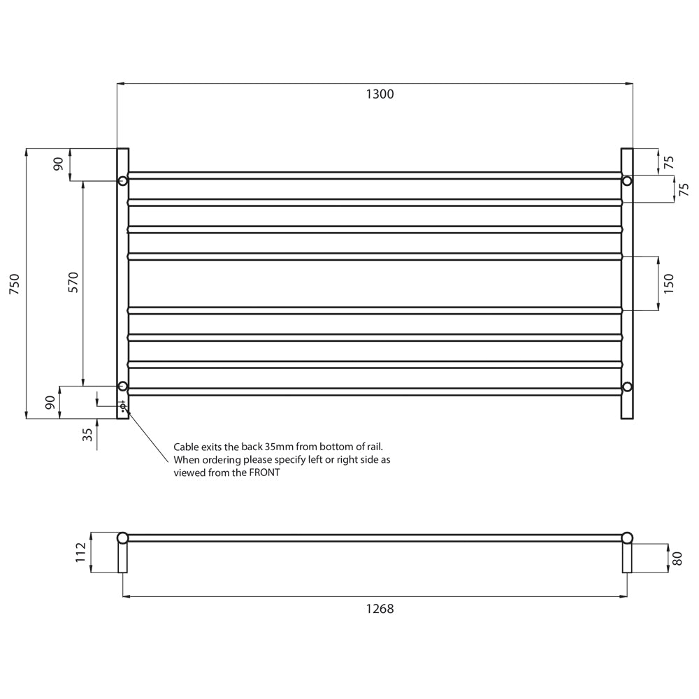 Radiant Heated Towel Rail (RTR09) 1300mm x 750mm - 8 Round Bars - Mirror Polished