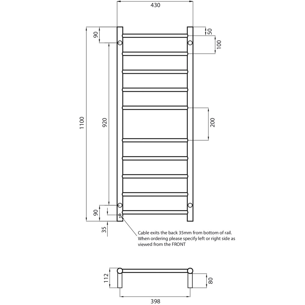 Radiant LOW Voltage Heated Towel Rail (12V-RTR430) 430mm x 1100mm - 10 bars (ROUND) - Multiple Colour Finishes