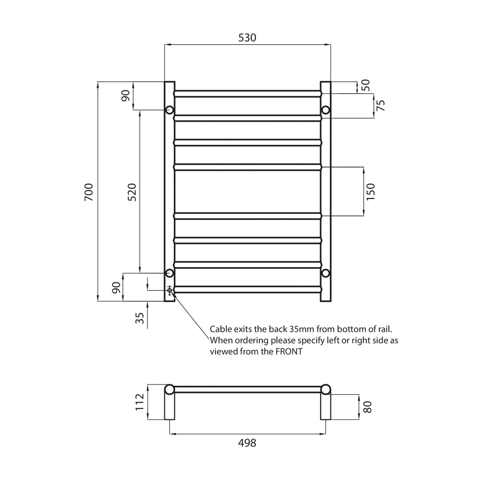 Radiant Heated Towel Rail (RTR530) 530mm x 700mm - 8 Round Bars - Multiple Colour Finishes