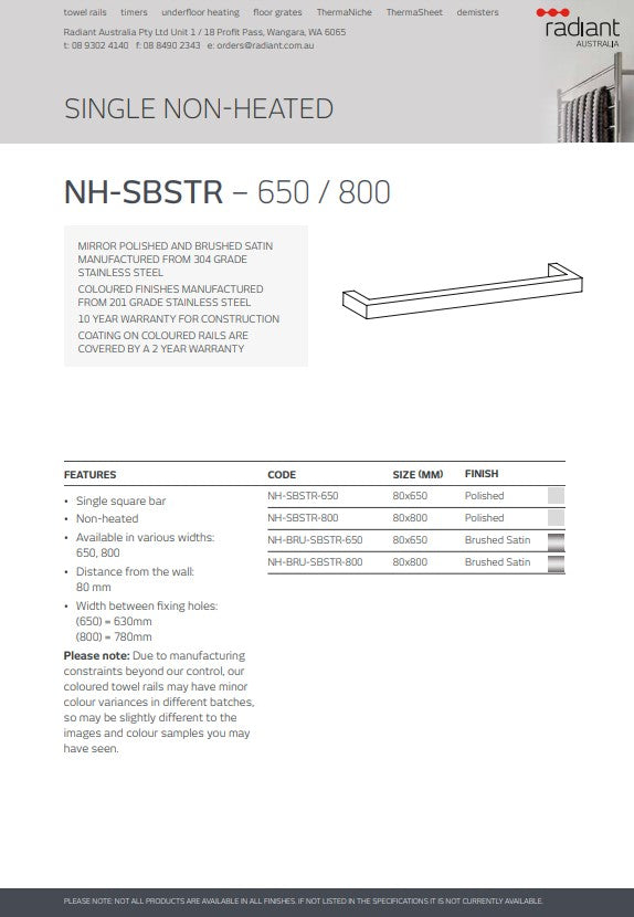 Radiant Single SQUARE Bar NON-HEATED Towel Rail Kits (SBSTR) - Various Widths and Colour Finishes