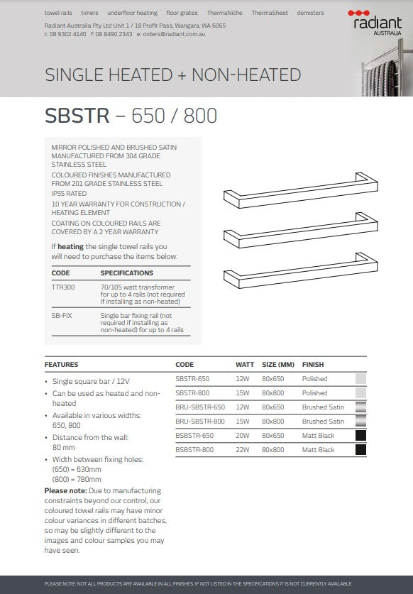 Radiant Single SQUARE Bar Heated Towel Rail Kits (SBSTR) - Various Widths, Colour Finishes and Number of Bars Available
