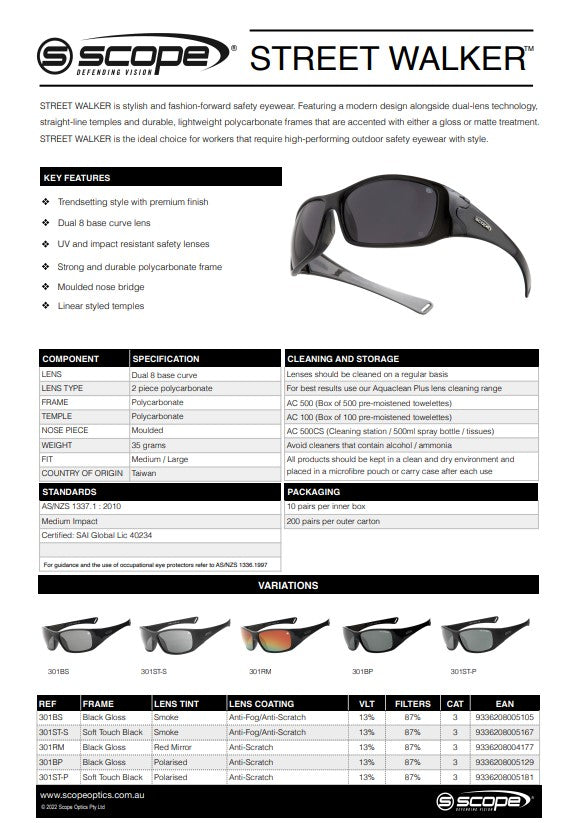 Scope Street Walker Safety Glasses - 3 Lens and Frame Colour Options
