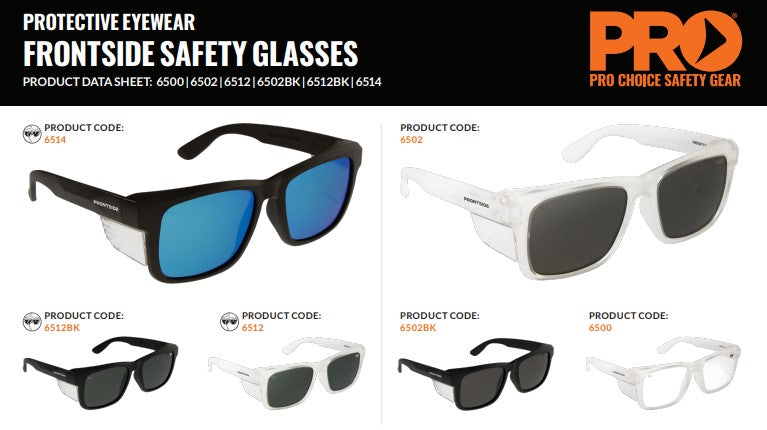 Pro Choice Frontside Safety Glasses - 1 Pair in 3 Lens Colour Options and 3 Frame Colours
