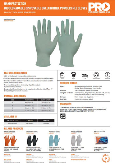 Pro Choice Biodegradable Disposable Green Nitrile Powder Free Gloves - 1 or 10 Boxes - 100 Pieces per Box