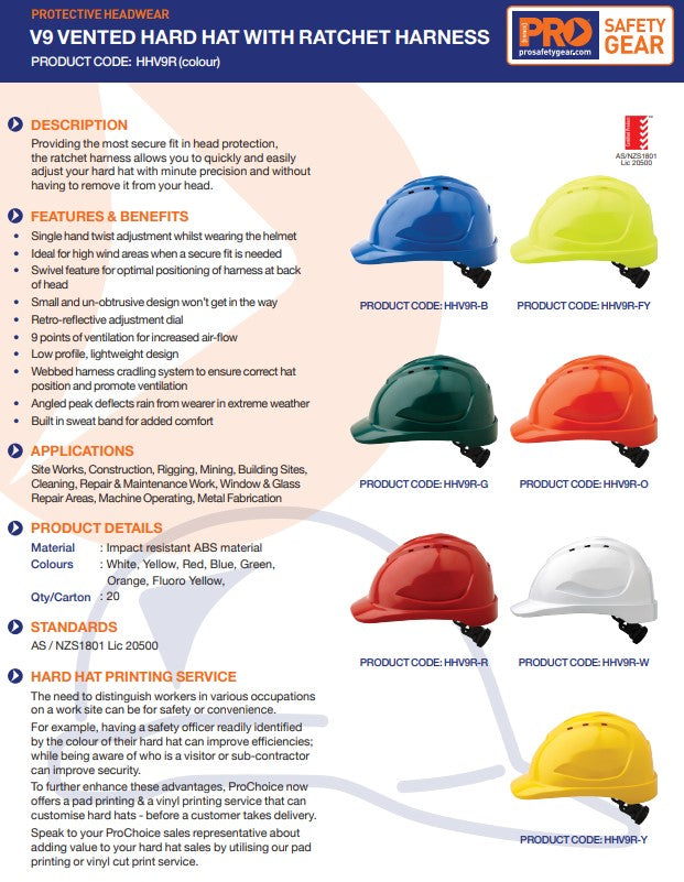 Pro Choice V9 Hard Hat Vented Ratchet Harness - 7 Colour Options