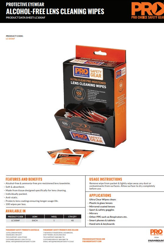 Pro Choice Lens Cleaning Wipes - Anti-Fog or Alcohol Free Box of 100