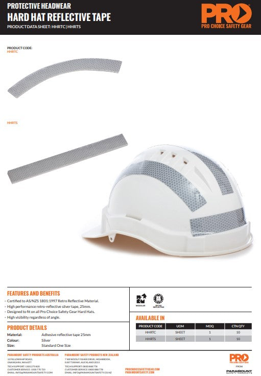 Pro Choice Hard Hat Reflective Tape Curved or Straight - sheet of 10 strips