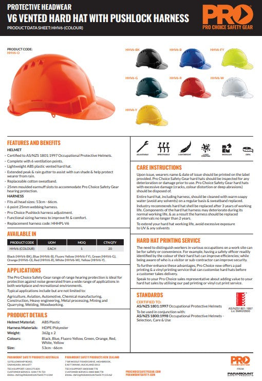 Pro Choice V6 Hard Hat Vented Pushlock Harness - 8 Colour Options