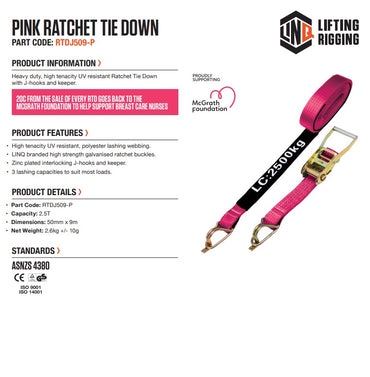 Linq Pink Ratchet Tie Down 50mm x 9m 2.5T Captive J-Hook