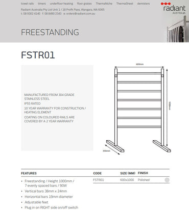 Free Standing Heated Towel Rail (FSTR01) - 600 x 1000mm - Mirror Polished Finish