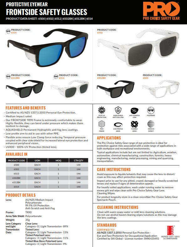 Pro Choice Frontside Safety Glasses - 1 Pair in 3 Lens Colour Options and 3 Frame Colours