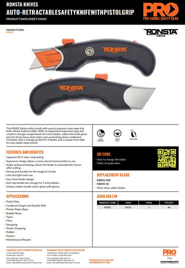 6 x Ronsta Auto Retractable Safety Knives with Pistol Grip