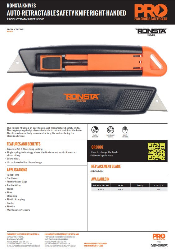 Ronsta Auto Retractable Right-Handed Safety Knife