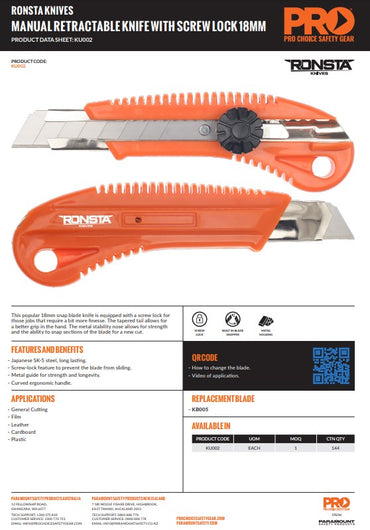 12 x Ronsta 18mm Manual Retractable Knives with screw lock