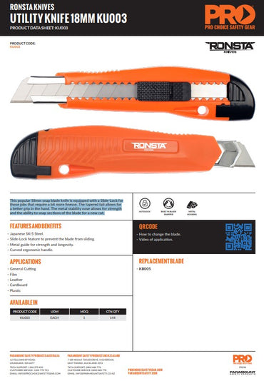 12 x Ronsta Manual Retractable Knives With Slide Lock 18mm