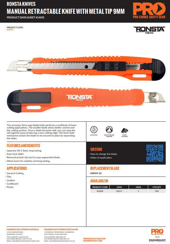 24 x Ronsta 9mm Manual Retractable Metal Tip Knives