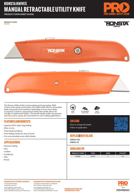 12 x Ronsta Manual Retractable Utility Knives
