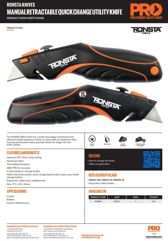 Ronsta Manual Retractable Quick Change Utility Knife