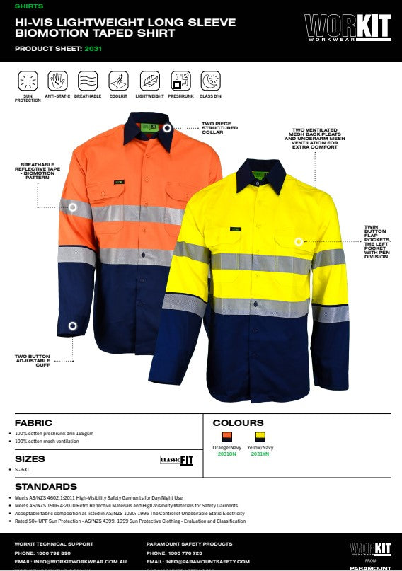 Hi Vis Lightweight Long Sleeve Biomotion Taped Shirt - 2 Colour Options in Various Sizes