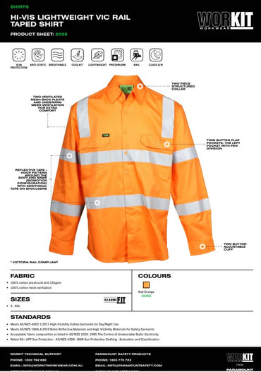Hi Vis Lightweight VIC Rail Taped Orange Shirt - Various Sizes