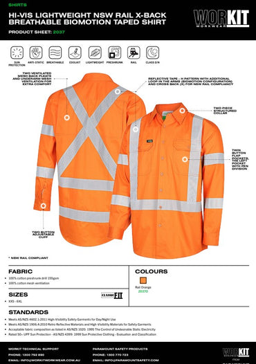 Hi Vis Lightweight NSW Rail X-Back Breathable Biomotion Taped Orange Shirt - Various Sizes