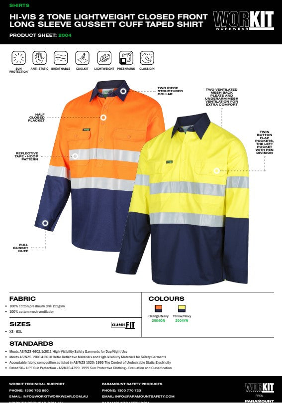 Hi Vis 2 Tone Closed Front Lightweight Taped Shirt - 2 Colour Options in Various Sizes