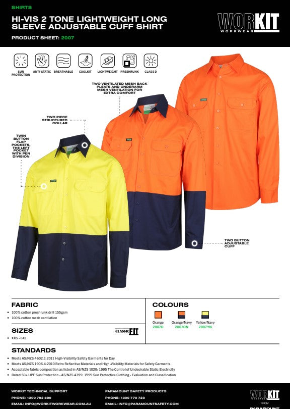 Hi Vis Lightweight Adjustable Cuff Shirt - 3 Colour Options Various Sizes