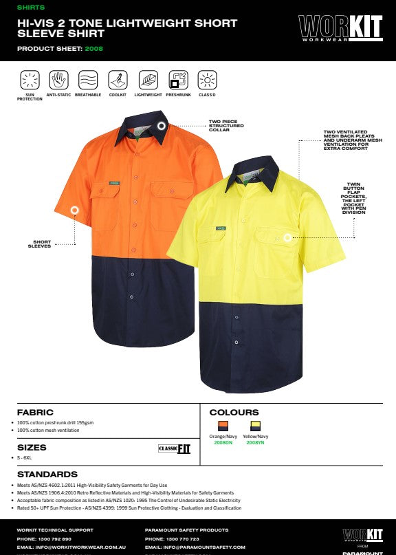 Hi Vis 2 Tone Lightweight Short Sleeve Shirt - 2 Colour Options in Various Sizes