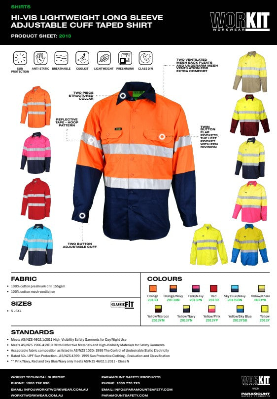 Hi Vis Lightweight Long Sleeve Taped Shirt - Various Colours and Sizes