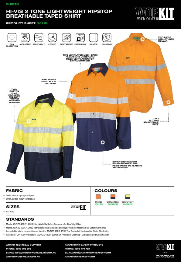 Hi Vis 2 Tone Lightweight Ripstop Breathable Taped Shirt - 3 Colour Options in Various Sizes