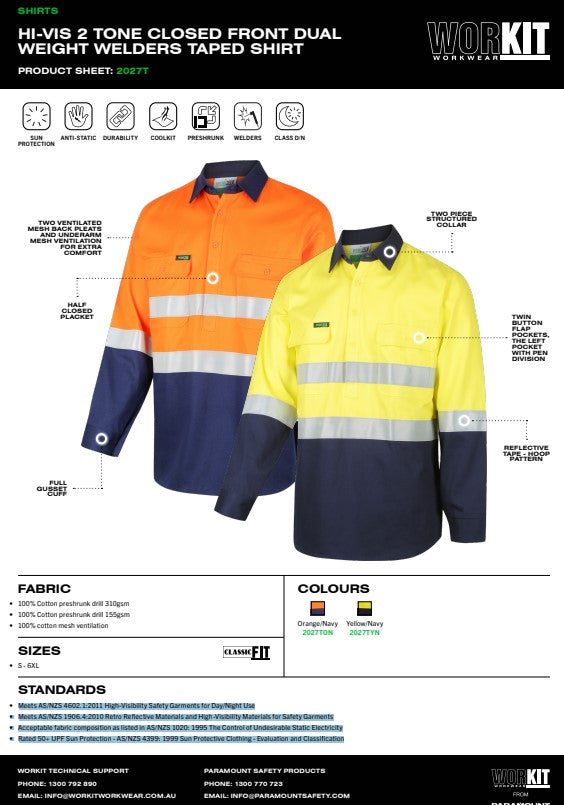 Hi Vis 2 Tone Closed Front Dual Weight Welders Taped Shirt - 2 Colour Options in Various Sizes
