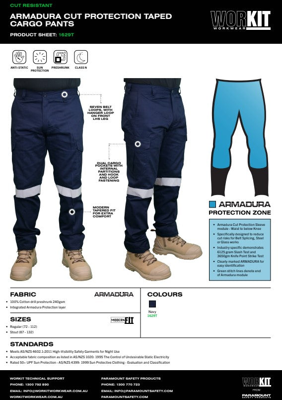 Armadura Cut Protection Modern Fit Taped Navy Blue Cargo Pants - Various Sizes