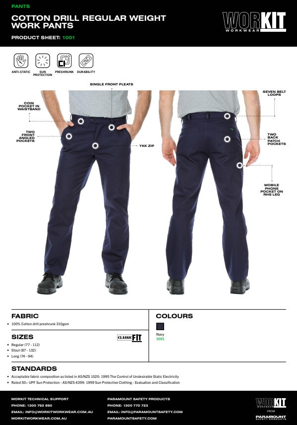 Cotton Drill Regular Weight Work Navy Pants - Various Sizes