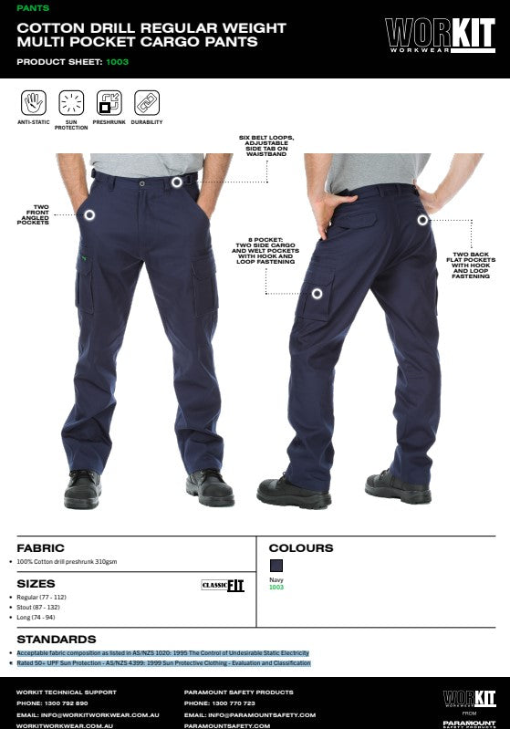 Cotton Drill Regular Weight Multi Pocket Navy Cargo Pants - Various Sizes