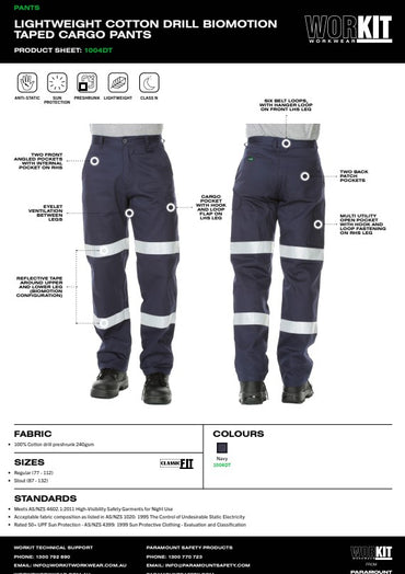 Cotton Drill Biomotion Taped Navy Midweight Cargo Pants - Various Sizes