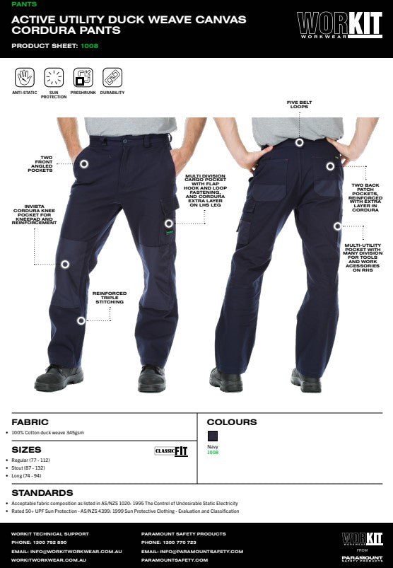 Active Utility Duck Weave Canvas Cordura Navy Pants - Various Sizes