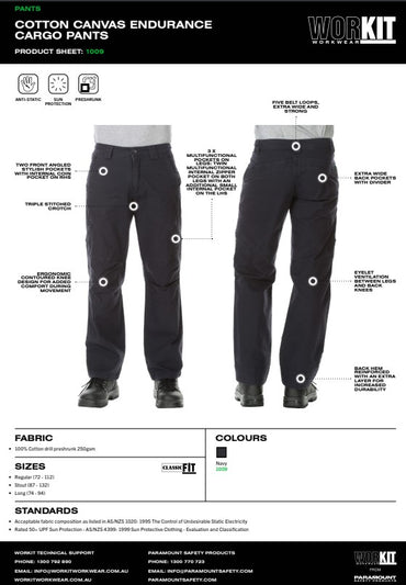 Cotton Canvas Endurance Navy Cargo Pants - Various Sizes