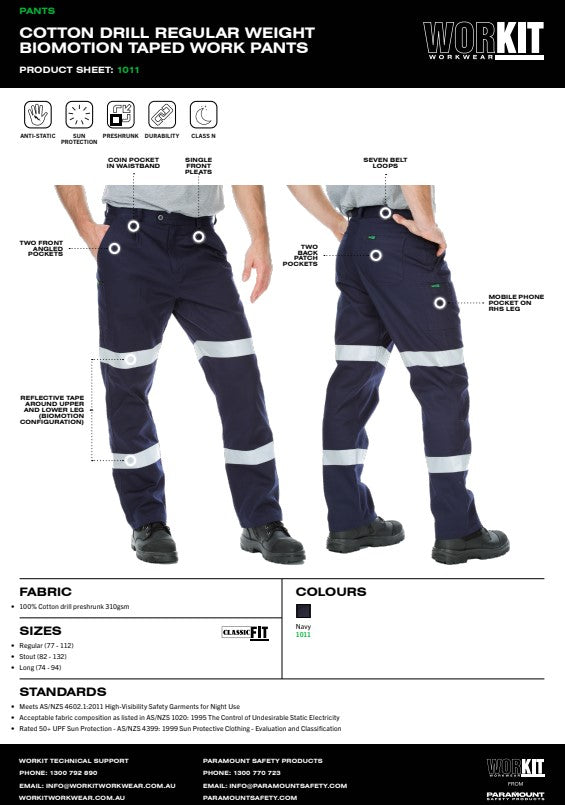WorkIt WorkWear Taped Cotton Drill Regular Weight Biomotion Work Pants