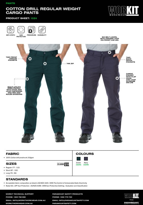 Cotton Drill Regular Weight Navy Cargo Pants - in Various Sizes