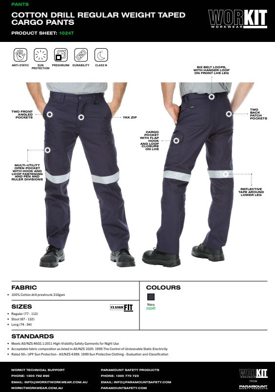 Cotton Drill Regular Weight Taped Navy Cargo Pants - Various Sizes