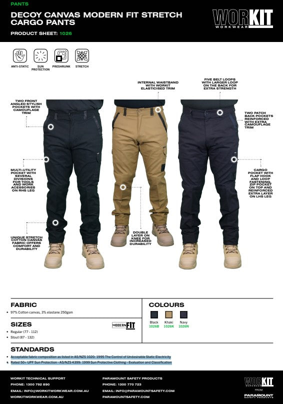Decoy Canvas Modern Fit Stretch Cargo Pants - 3 Colour Options in Various Sizes