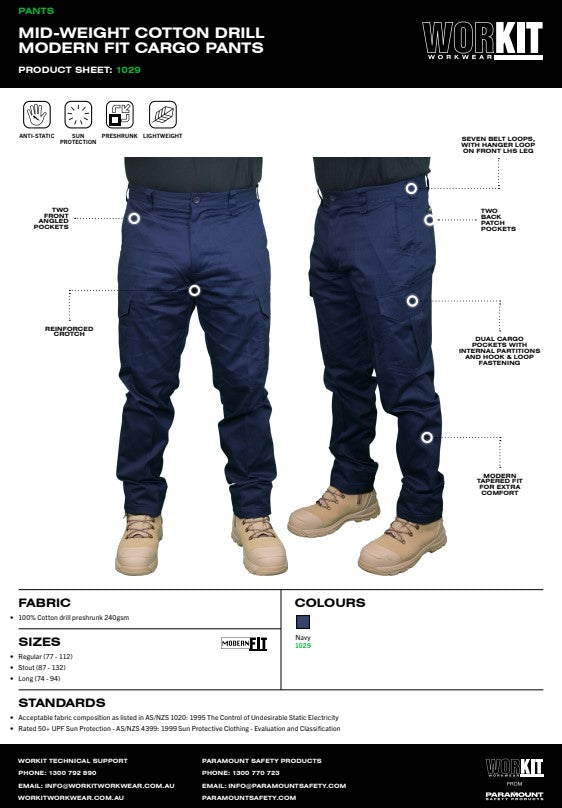 Lightweight Cotton Drill Navy Cargo Pants - in Various Sizes