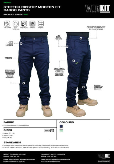 Stretch Ripstop Modern Fit Navy Cargo Pants - in Various Sizes