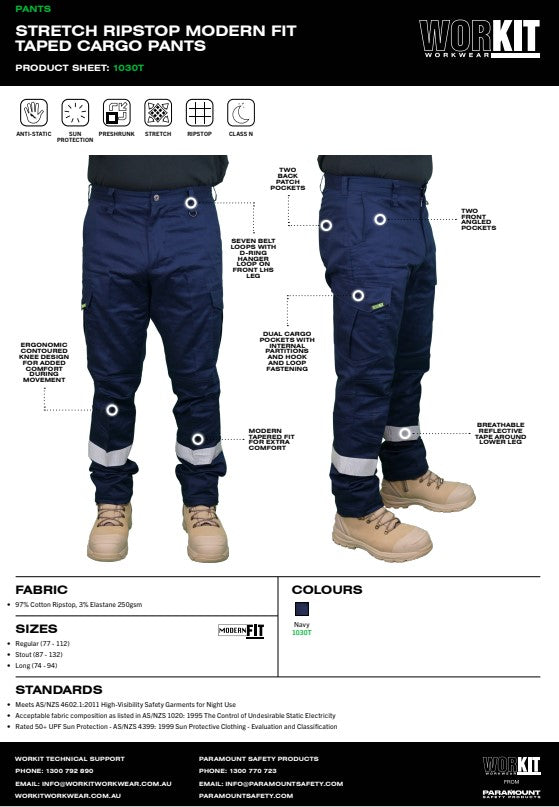 Stretch Ripstop Modern Fit Taped Navy Cargo Pants - in Various Sizes