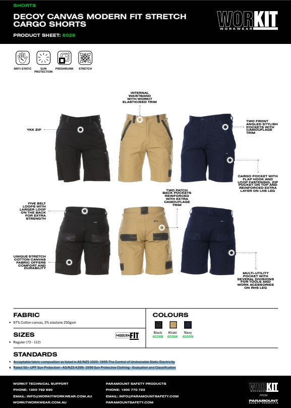 Decoy Canvas Modern Fit Stretch Cargo Shorts - 3 Colour Options in Various Sizes